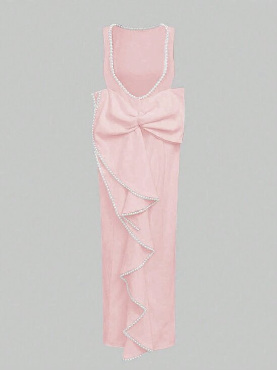 Pink Elegant Women's Romantic Backless Pearl Bow Prom Dress - Picture 5 of 7